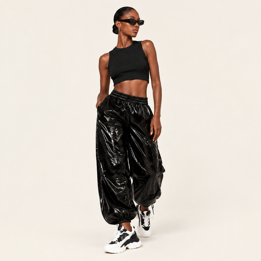 Women's High Waist Wet-Look Faux PU Leather Cargo Joggers - Festival Night Out Streetwear Pants