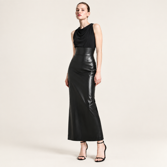 High Waist Back Slit Vegan Leather Maxi Skirt