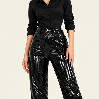 `Women’s Black Shiny Faux PU Leather Straight Leg Pants, High Waisted 5-Pocket Ankle Trousers for Club, Night Out & Daily`