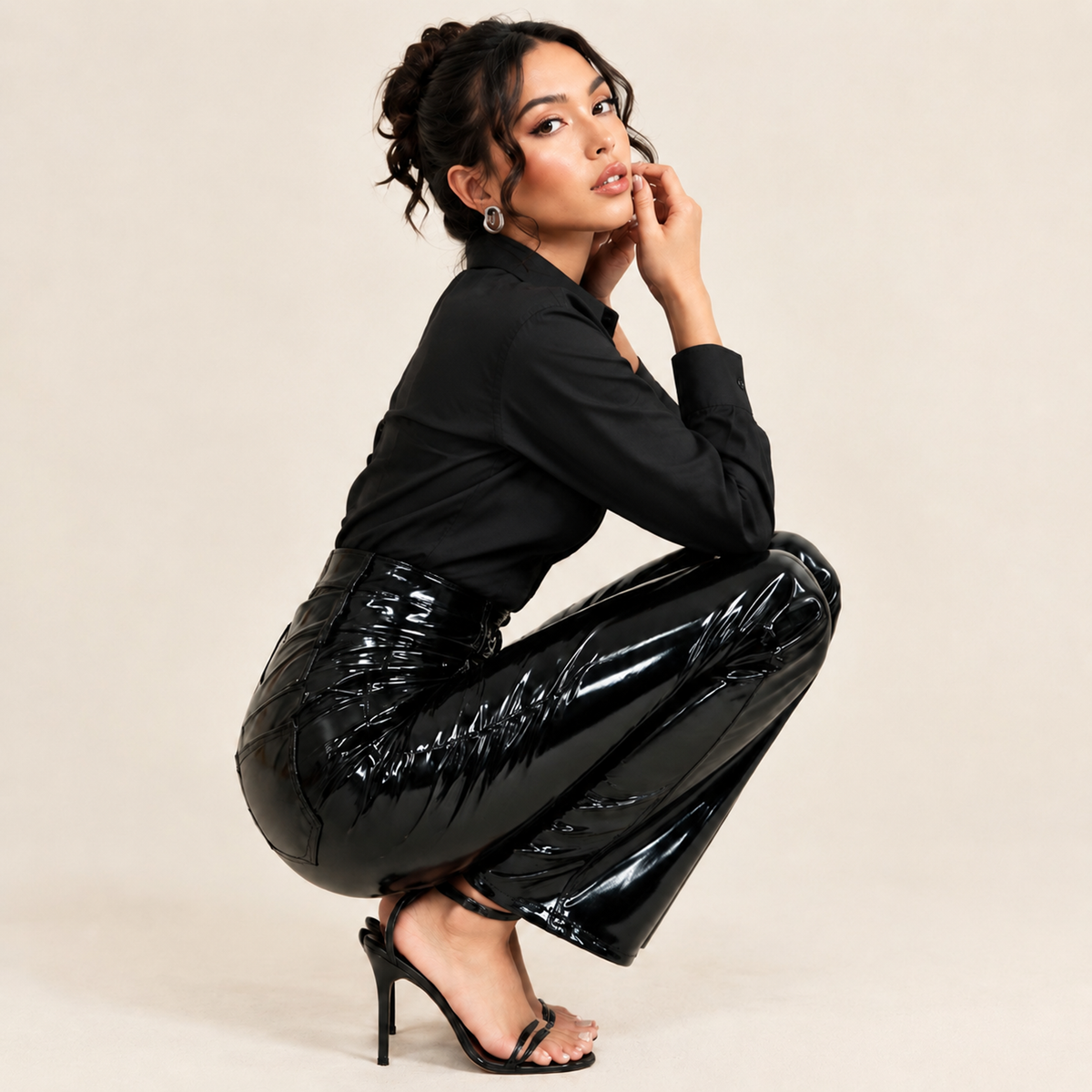 `Women’s Black Shiny Faux PU Leather Straight Leg Pants, High Waisted 5-Pocket Ankle Trousers for Club, Night Out & Daily`