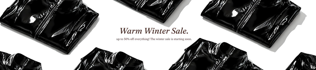 Warm Winter Sale - up to 50% off everything; glossy black faux leather jackets and skirts on a white background
