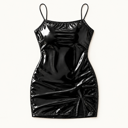 Women’s Plus Size Black Shiny Faux PU Leather Cami Mini Dress, High Waisted Bodycon Split Club Dress for Night Out & Party