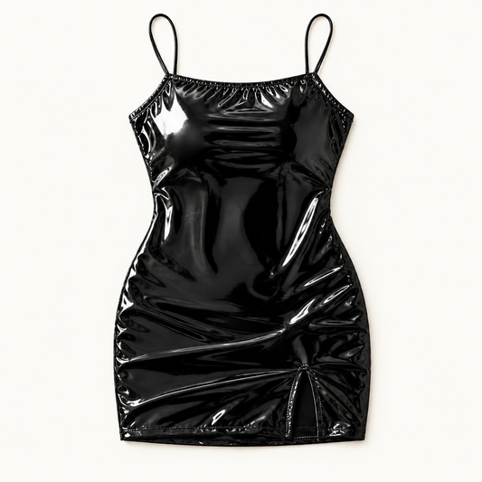 Women’s Plus Size Black Shiny Faux PU Leather Cami Mini Dress, High Waisted Bodycon Split Club Dress for Night Out & Party