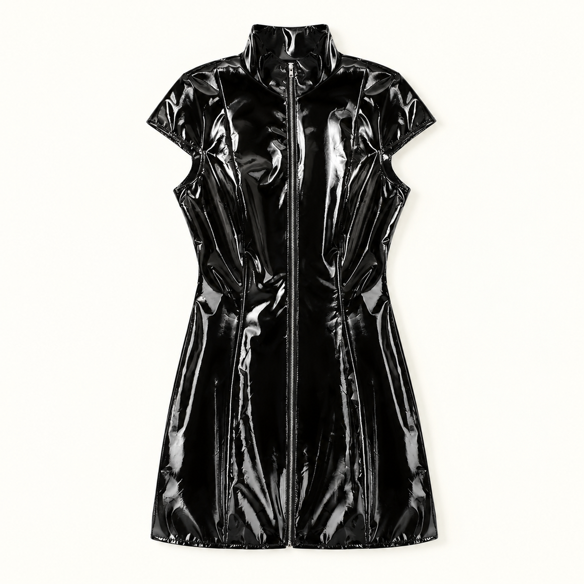 `Women's Black Faux Patent Leather Zip Up Bodycon Mini Dress Short Sleeve Stand Collar Going Out Club Party Dress`