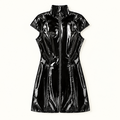 `Women's Black Faux Patent Leather Zip Up Bodycon Mini Dress Short Sleeve Stand Collar Going Out Club Party Dress`