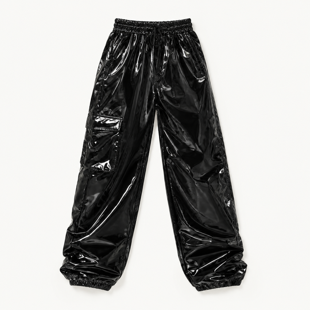 Women's High Waist Wet-Look Faux PU Leather Cargo Joggers - Festival Night Out Streetwear Pants