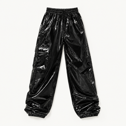Women's High Waist Wet-Look Faux PU Leather Cargo Joggers - Festival Night Out Streetwear Pants