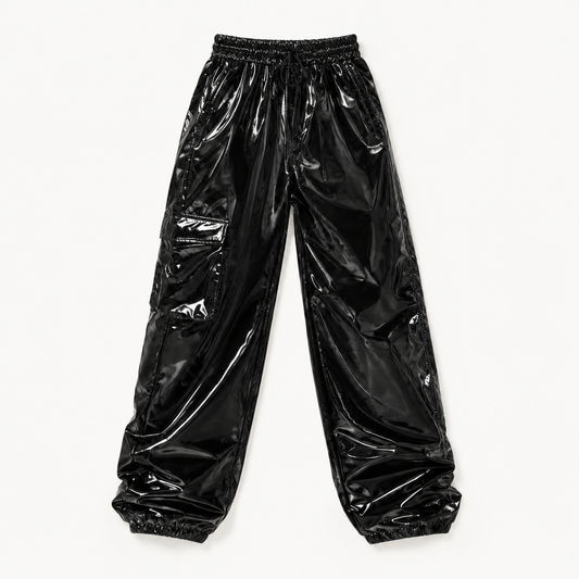 Women's High Waist Wet-Look Faux PU Leather Cargo Joggers - Festival Night Out Streetwear Pants