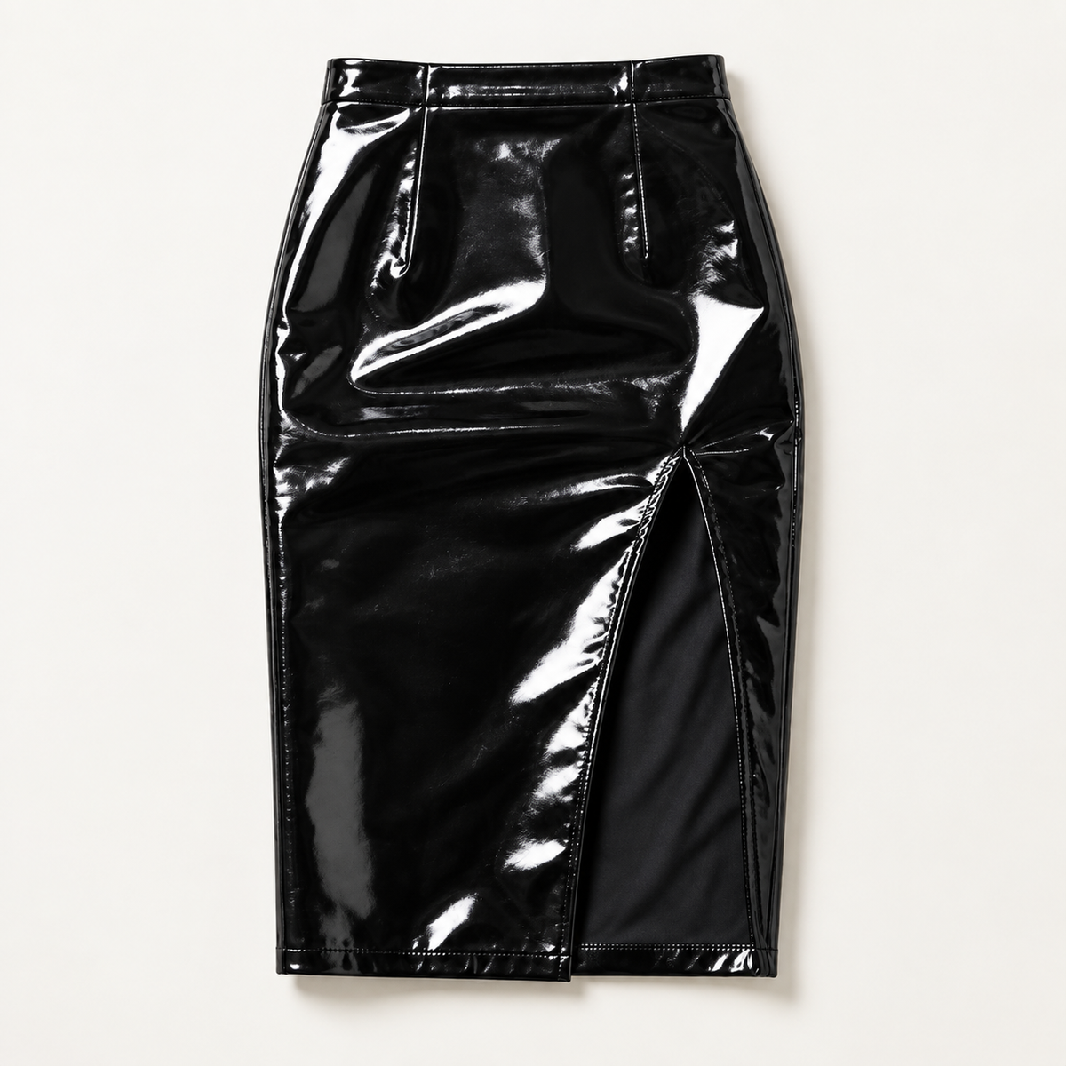 Women’s Black Faux Patent Leather High Waisted Midi Pencil Skirt, Side Slit Slim Fit Skirt for Night Out, Club & Date Night
