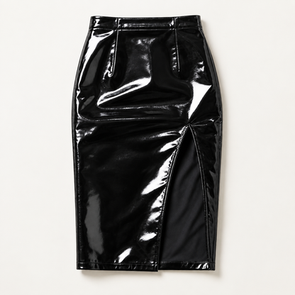 Women’s Black Faux Patent Leather High Waisted Midi Pencil Skirt, Side Slit Slim Fit Skirt for Night Out, Club & Date Night