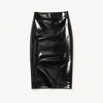 Women’s Black Faux Patent Leather High Waisted Bodycon Midi Skirt, Back Slit Pencil Skirt for Girls Night Out, Club & Date Night
