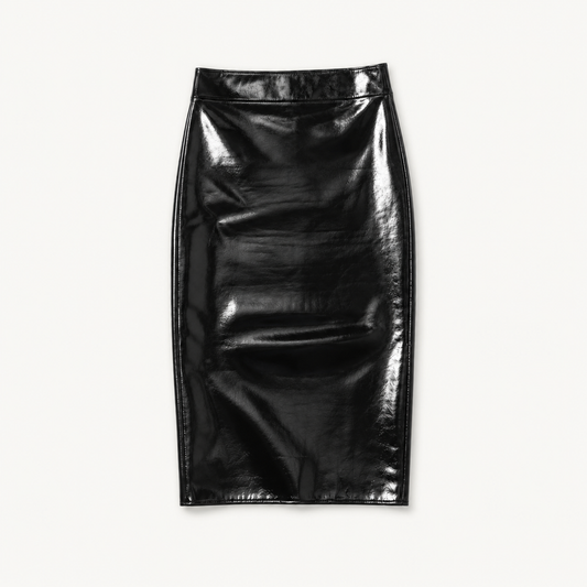 Women’s Black Faux Patent Leather High Waisted Bodycon Midi Skirt, Back Slit Pencil Skirt for Girls Night Out, Club & Date Night