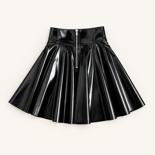 `Women’s Black Shiny Faux PU Leather Pleated Mini Skirt, High Waisted A-Line Back Zipper Skirt for Club, Night Out & Party`