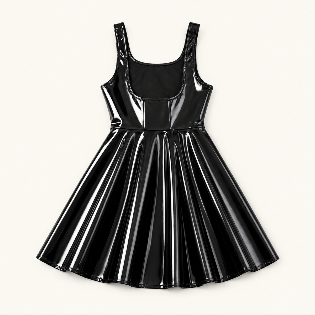 Women’s Black Shiny Faux PU Leather Pinafore Mini Dress, High Waisted Pleated A-Line Overall Dress for Halloween, Party & Club