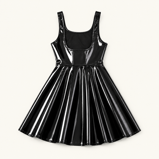 Women’s Black Shiny Faux PU Leather Pinafore Mini Dress, High Waisted Pleated A-Line Overall Dress for Halloween, Party & Club