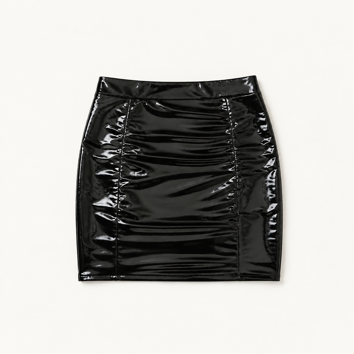 Women’s Black Shiny Faux PU Leather Mini Skirt, High Waisted Side Ruched Bodycon Skirt for Club, Night Out & Party