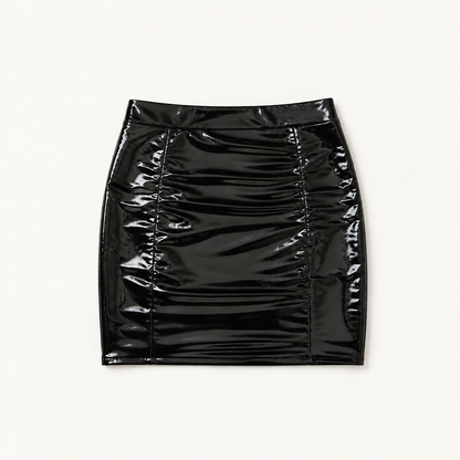 Women’s Black Shiny Faux PU Leather Mini Skirt, High Waisted Side Ruched Bodycon Skirt for Club, Night Out & Party