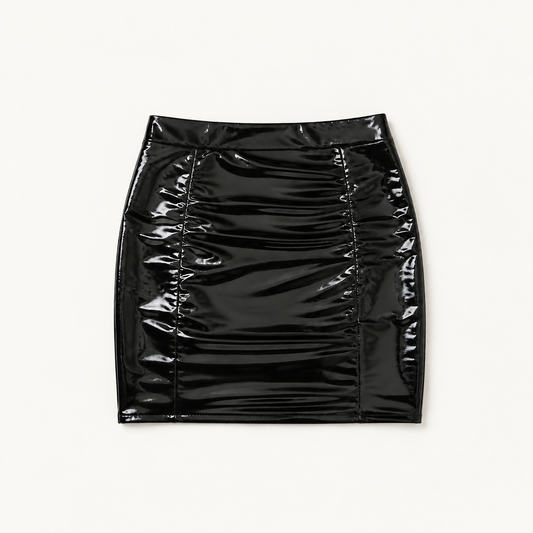 Women’s Black Shiny Faux PU Leather Mini Skirt, High Waisted Side Ruched Bodycon Skirt for Club, Night Out & Party