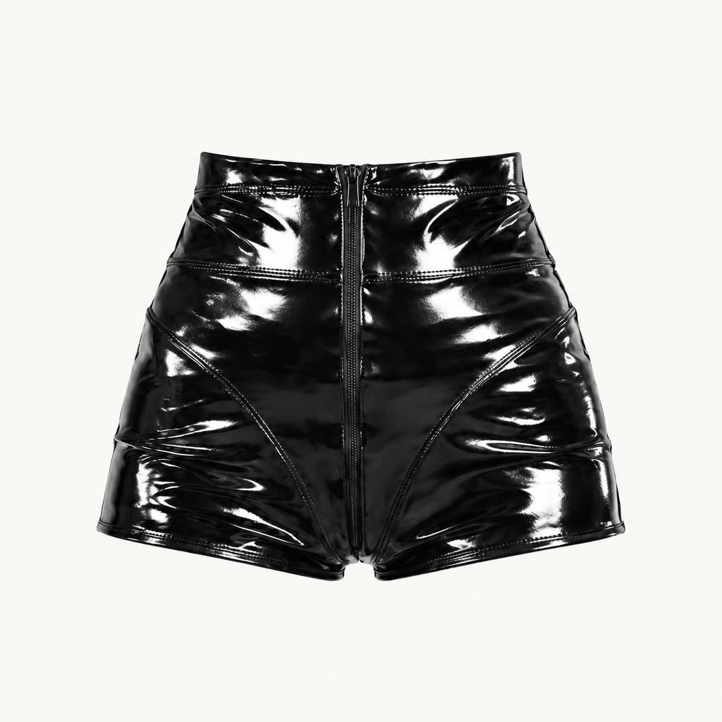 Women’s Black Shiny Faux PU Leather High Waisted Mini Shorts, Front Zipper Bodycon Hot Pants for Club, Night Out & Festival