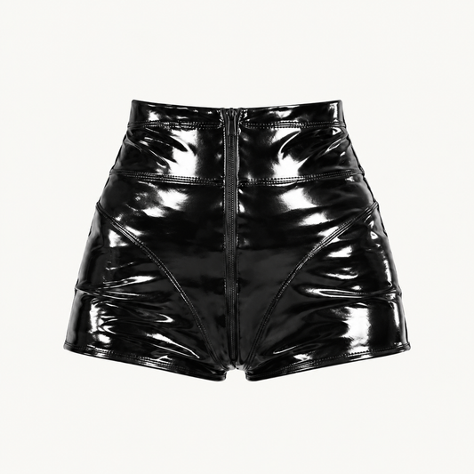 Women’s Black Shiny Faux PU Leather High Waisted Mini Shorts, Front Zipper Bodycon Hot Pants for Club, Night Out & Festival