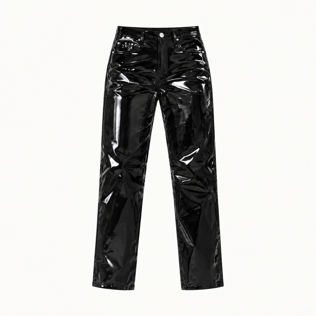 `Women’s Black Shiny Faux PU Leather Straight Leg Pants, High Waisted 5-Pocket Ankle Trousers for Club, Night Out & Daily`