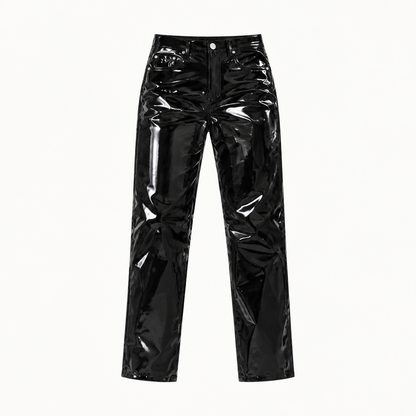 `Women’s Black Shiny Faux PU Leather Straight Leg Pants, High Waisted 5-Pocket Ankle Trousers for Club, Night Out & Daily`