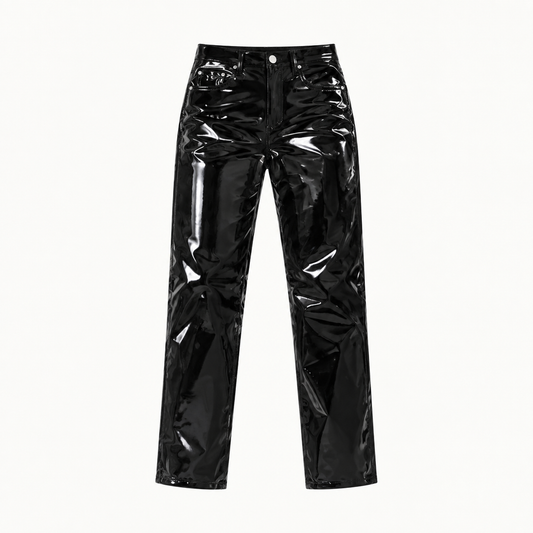 `Women’s Black Shiny Faux PU Leather Straight Leg Pants, High Waisted 5-Pocket Ankle Trousers for Club, Night Out & Daily`