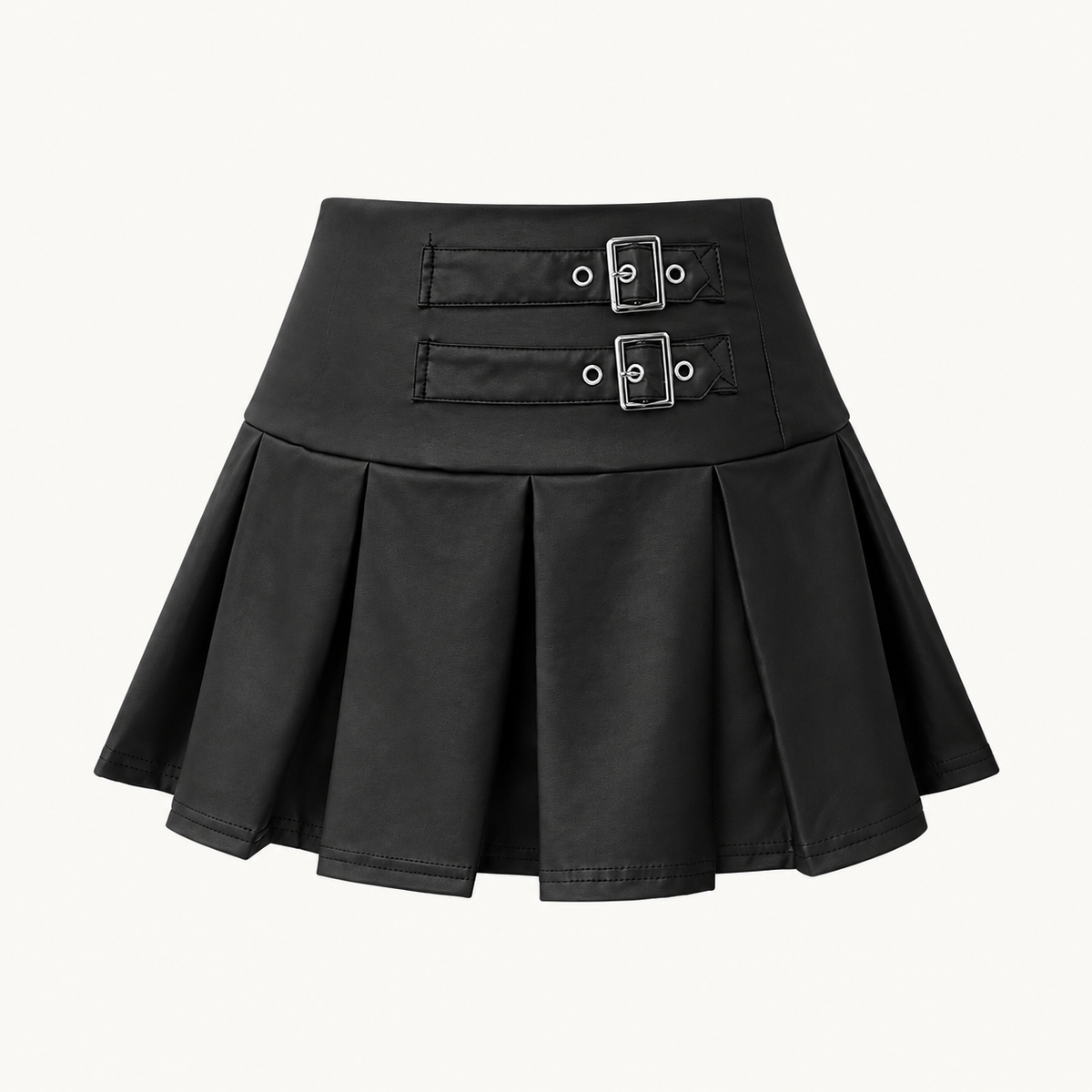 Women’s Black Matte Faux Leather Pleated Mini Skirt, High Waisted Buckle Detail Skirt for Y2K, Night Out, Club & Festival