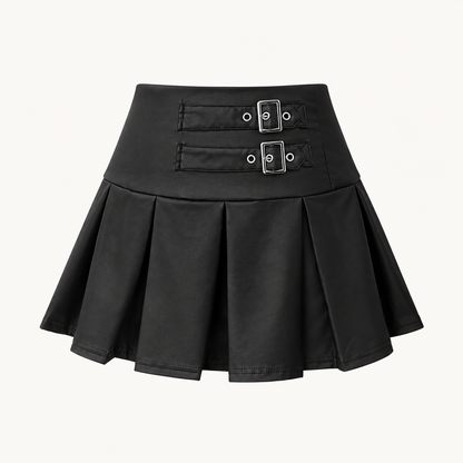Women’s Black Matte Faux Leather Pleated Mini Skirt, High Waisted Buckle Detail Skirt for Y2K, Night Out, Club & Festival
