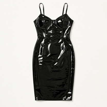 Women’s Black Glossy Faux Patent Leather Bodycon Midi Dress, High-Shine Spaghetti Strap Back Slit Dress for Club, Date Night & Party