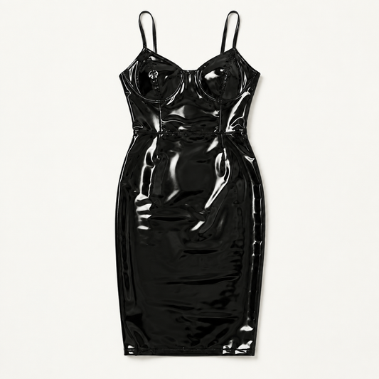 Women’s Black Glossy Faux Patent Leather Bodycon Midi Dress, High-Shine Spaghetti Strap Back Slit Dress for Club, Date Night & Party
