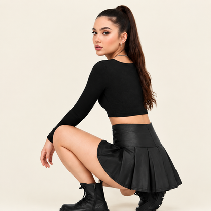 Women’s Black Matte Faux Leather Pleated Mini Skirt, High Waisted Buckle Detail Skirt for Y2K, Night Out, Club & Festival