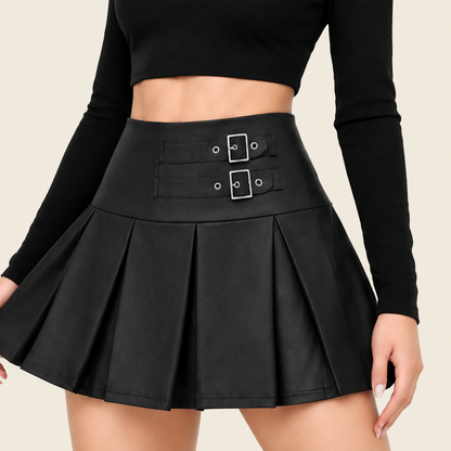 Women’s Black Matte Faux Leather Pleated Mini Skirt, High Waisted Buckle Detail Skirt for Y2K, Night Out, Club & Festival