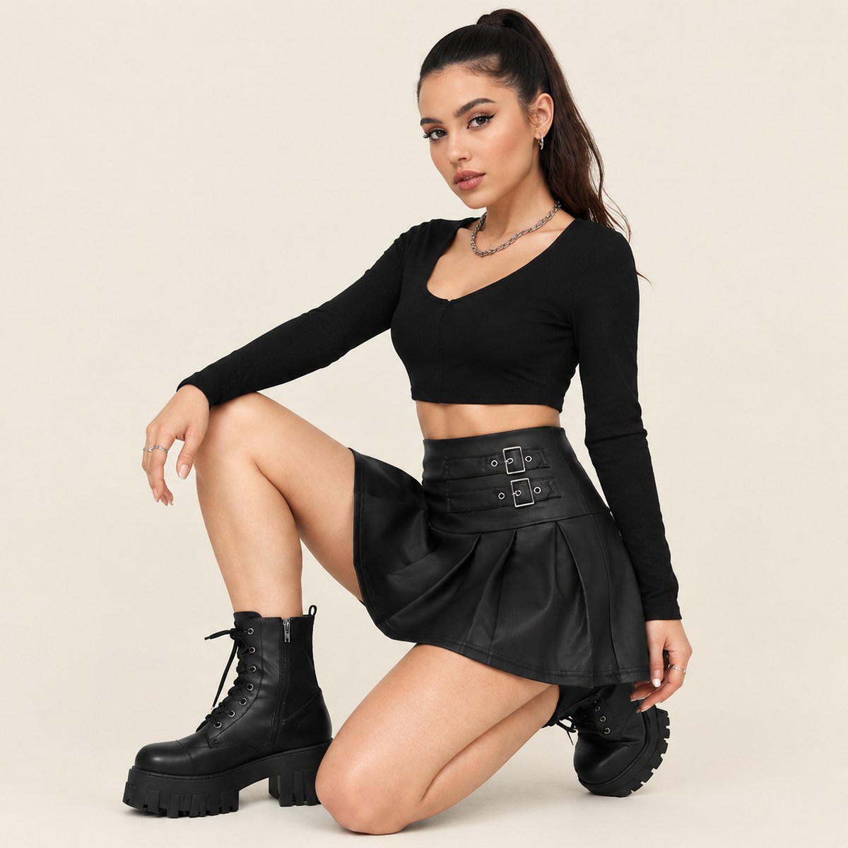 Women’s Black Matte Faux Leather Pleated Mini Skirt, High Waisted Buckle Detail Skirt for Y2K, Night Out, Club & Festival