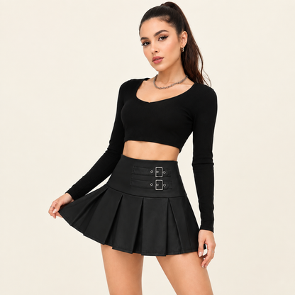 Women’s Black Matte Faux Leather Pleated Mini Skirt, High Waisted Buckle Detail Skirt for Y2K, Night Out, Club & Festival