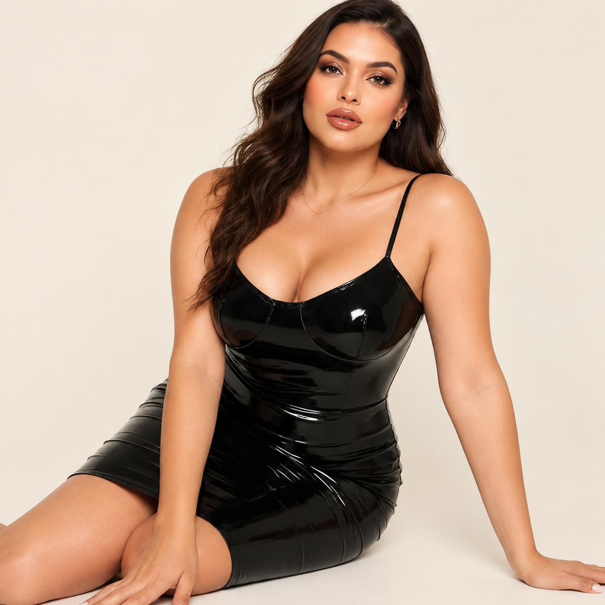 Women’s Black Glossy Faux Patent Leather Bodycon Midi Dress, High-Shine Spaghetti Strap Back Slit Dress for Club, Date Night & Party