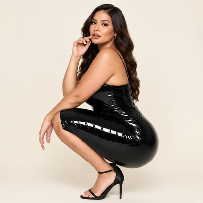 Women’s Black Glossy Faux Patent Leather Bodycon Midi Dress, High-Shine Spaghetti Strap Back Slit Dress for Club, Date Night & Party