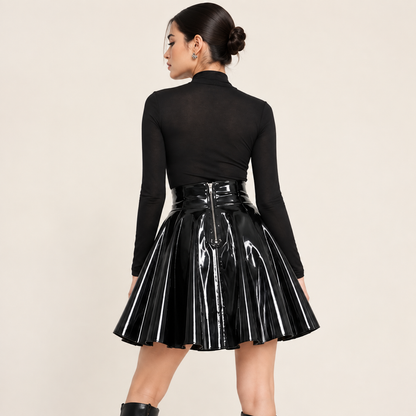 `Women’s Black Shiny Faux PU Leather Pleated Mini Skirt, High Waisted A-Line Back Zipper Skirt for Club, Night Out & Party`