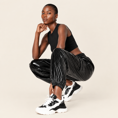 Women's High Waist Wet-Look Faux PU Leather Cargo Joggers - Festival Night Out Streetwear Pants