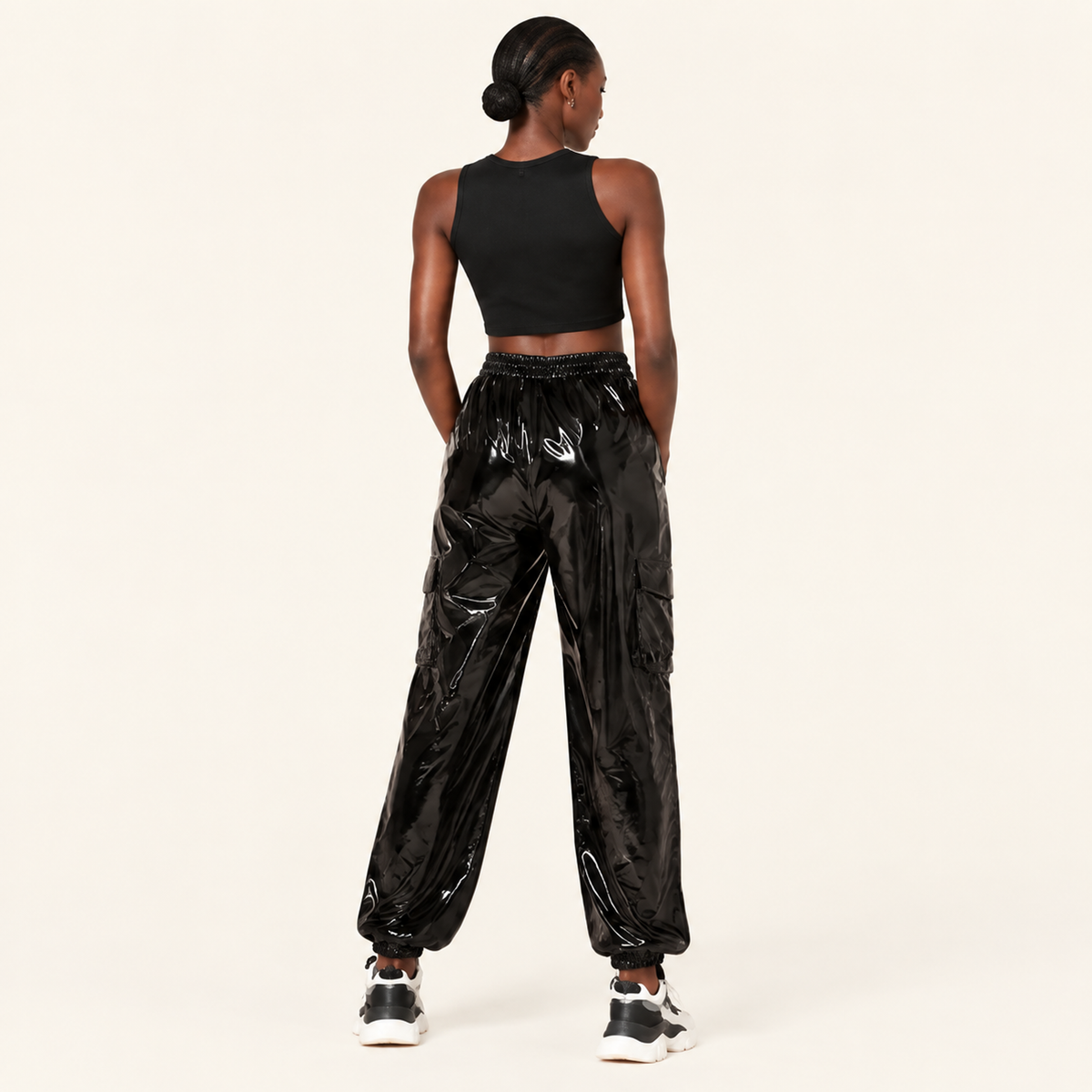Women's High Waist Wet-Look Faux PU Leather Cargo Joggers - Festival Night Out Streetwear Pants