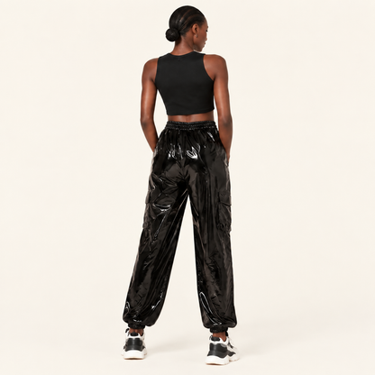 Women's High Waist Wet-Look Faux PU Leather Cargo Joggers - Festival Night Out Streetwear Pants