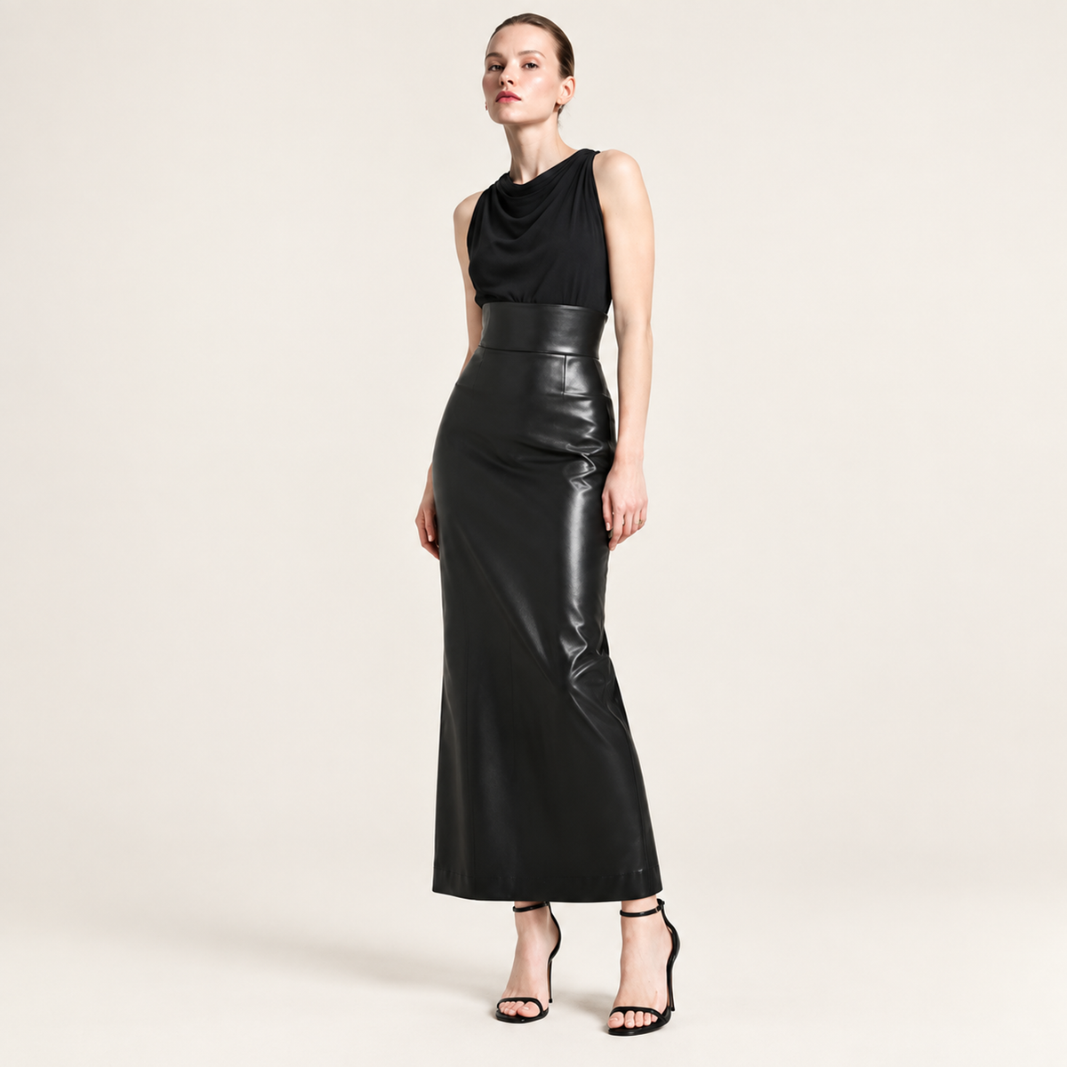 High Waist Back Slit Vegan Leather Maxi Skirt