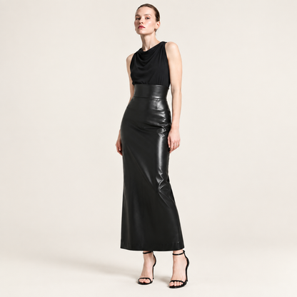 High Waist Back Slit Vegan Leather Maxi Skirt