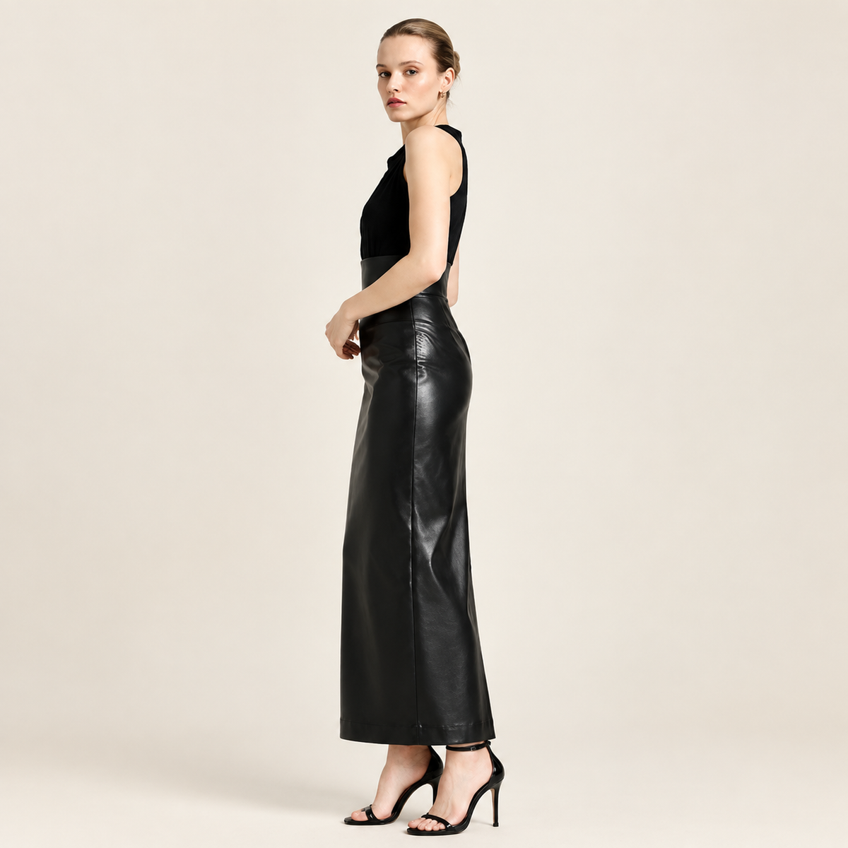High Waist Back Slit Vegan Leather Maxi Skirt