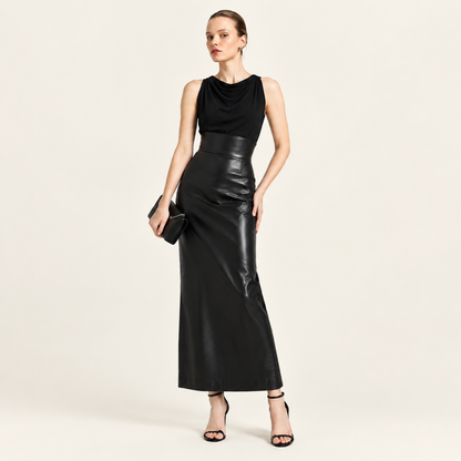 High Waist Back Slit Vegan Leather Maxi Skirt
