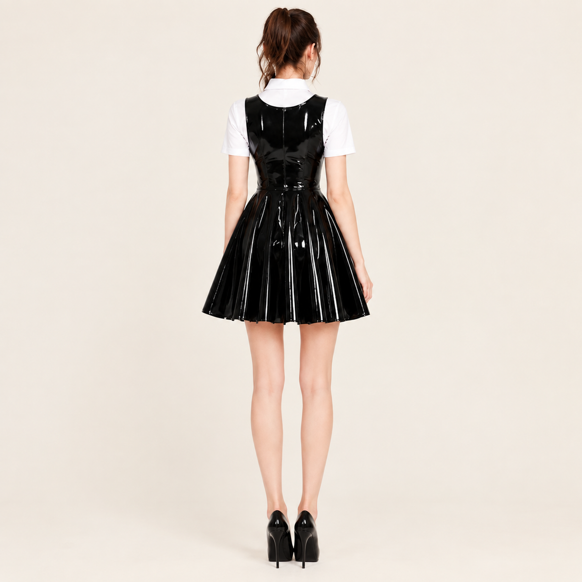 Women’s Black Shiny Faux PU Leather Pinafore Mini Dress, High Waisted Pleated A-Line Overall Dress for Halloween, Party & Club