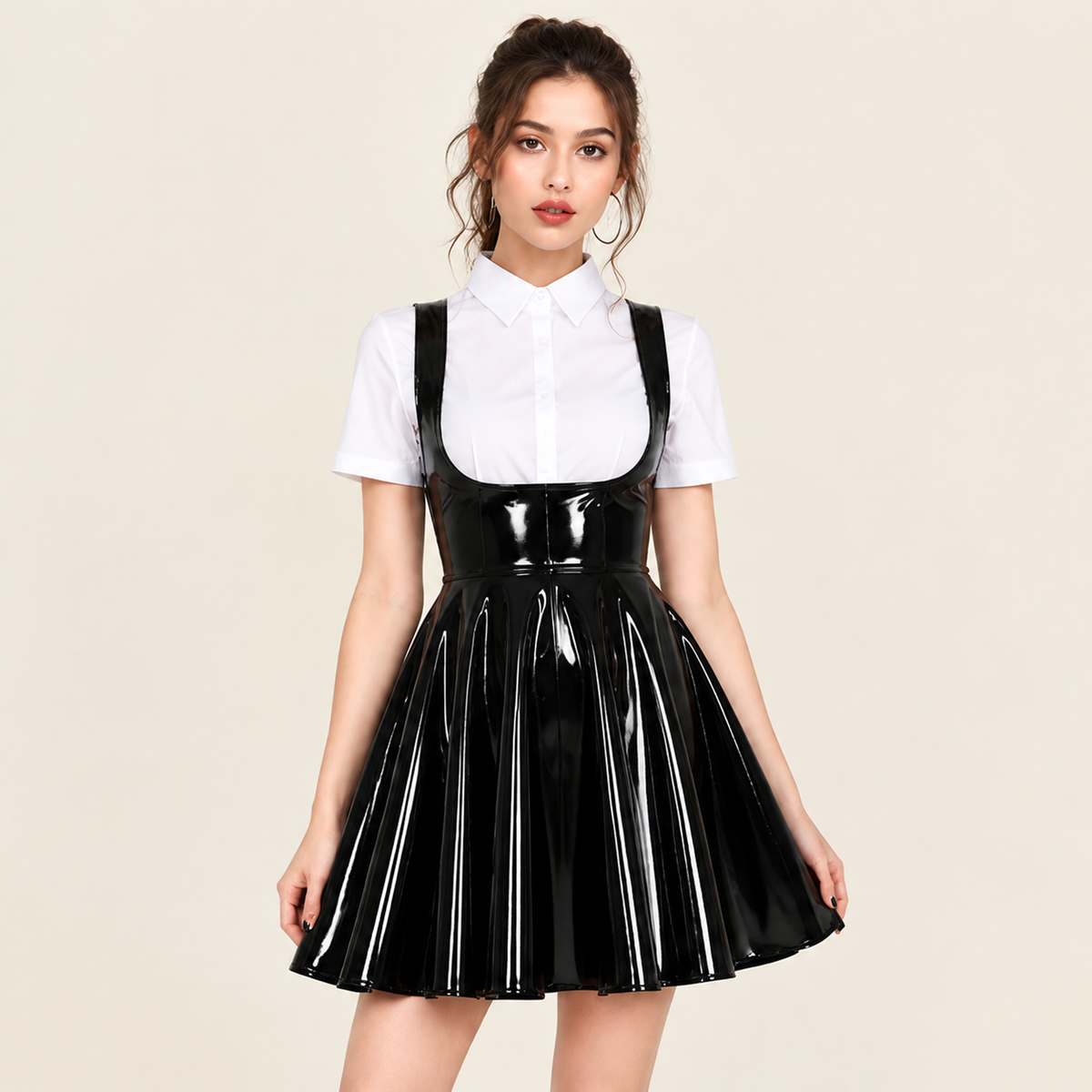 Women’s Black Shiny Faux PU Leather Pinafore Mini Dress, High Waisted Pleated A-Line Overall Dress for Halloween, Party & Club