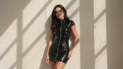 `Women's Black Faux Patent Leather Zip Up Bodycon Mini Dress Short Sleeve Stand Collar Going Out Club Party Dress`