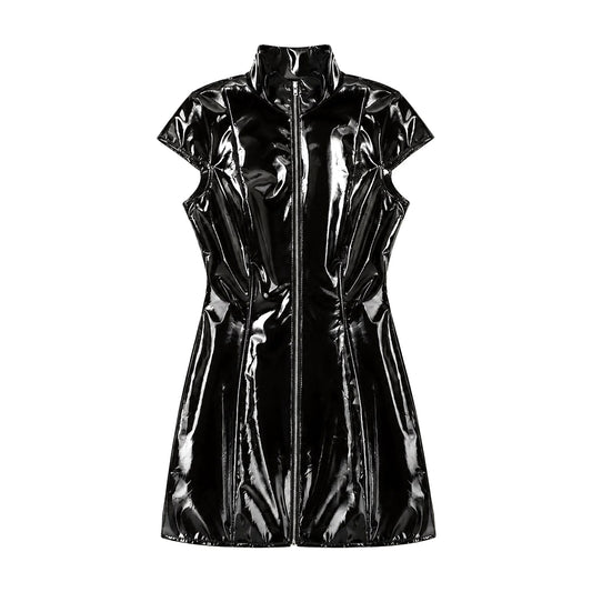 Black patent faux leather zip-up mini dress with stand collar and short sleeves, front view, white background