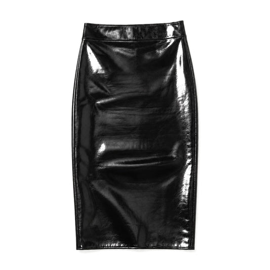 Black patent faux leather high-waisted bodycon midi skirt with back slit, front view, white background